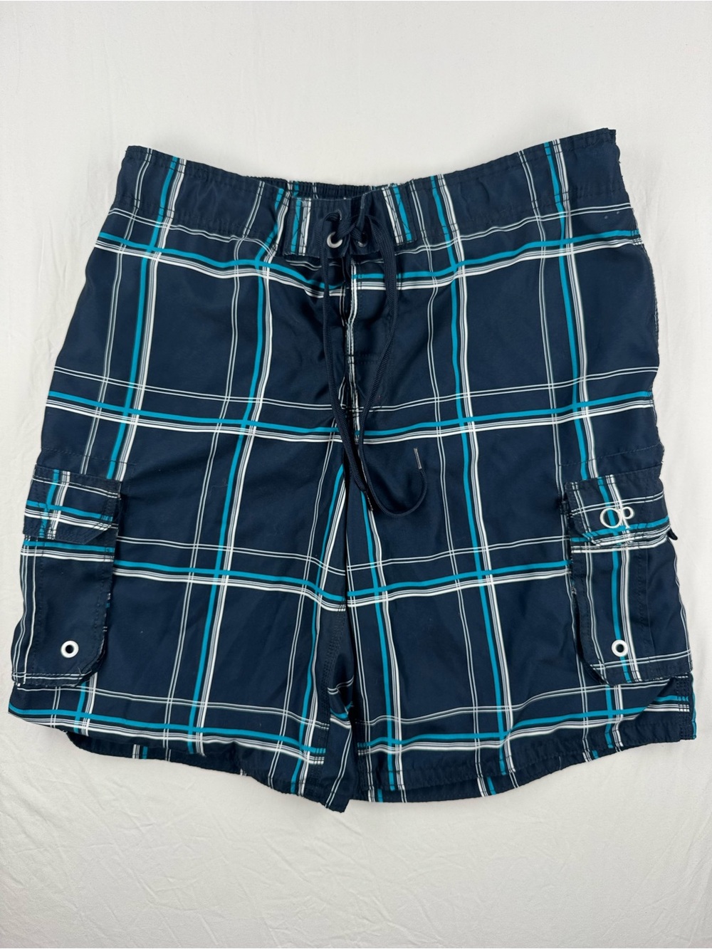 OP Men’s Navy Plaid Swim Trunks with Teal and White Stripes